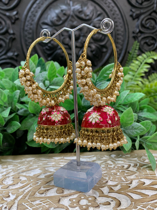 Blossom hoop Bali jhumki with pearl red