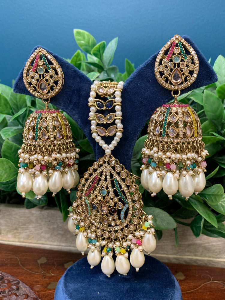 Savana Jhumka/ jhumki tikka set in antique / multi