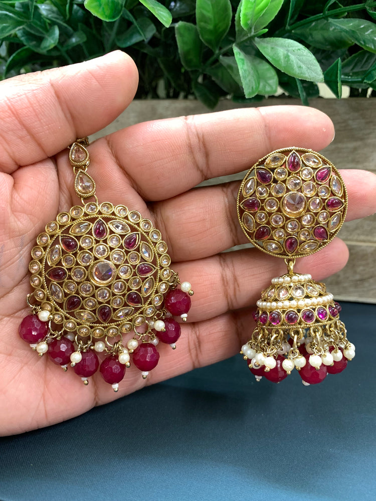 Lori Antique polki gold jhumki tikka multi maroon black red/ burgundy