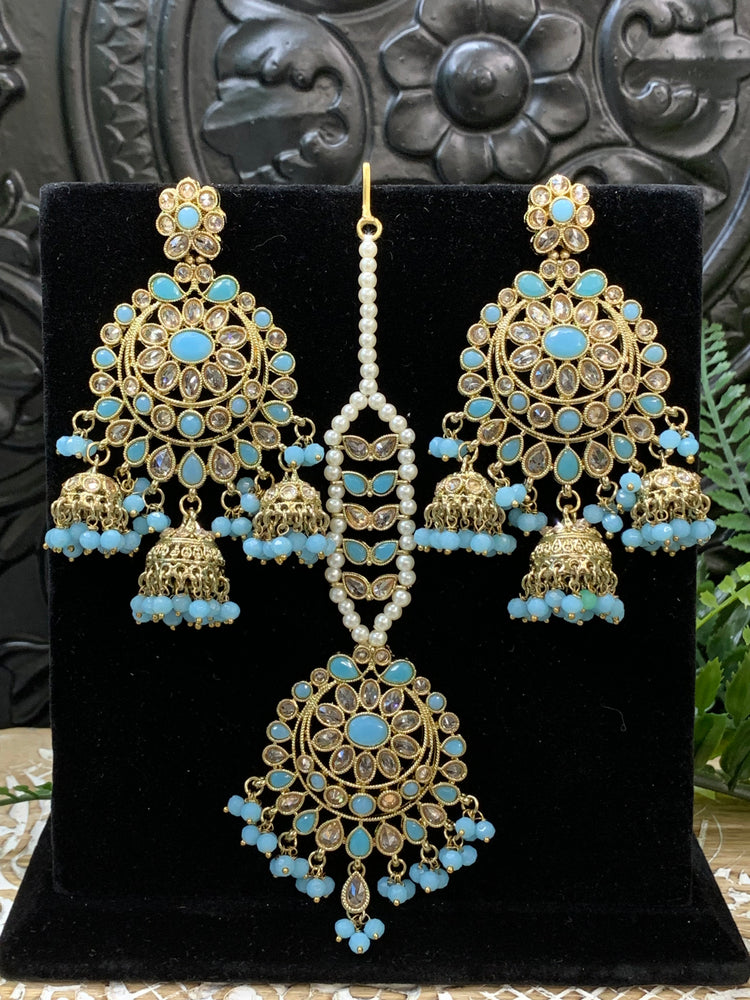 Kiana polki triple jhumki Chandbali style earring with matching tikka light blue