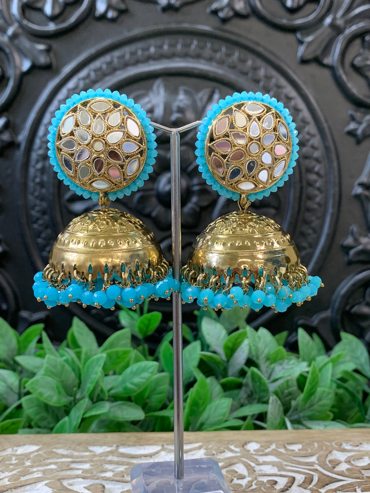 Kerry mirror jhumki tikka antique gold /phirozi blue