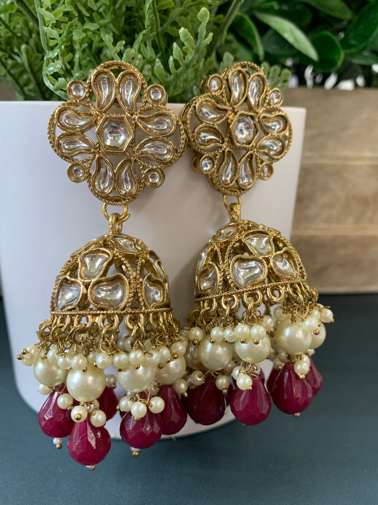 Dia kundan jhumki/ jhumka earring maroon / burgundy