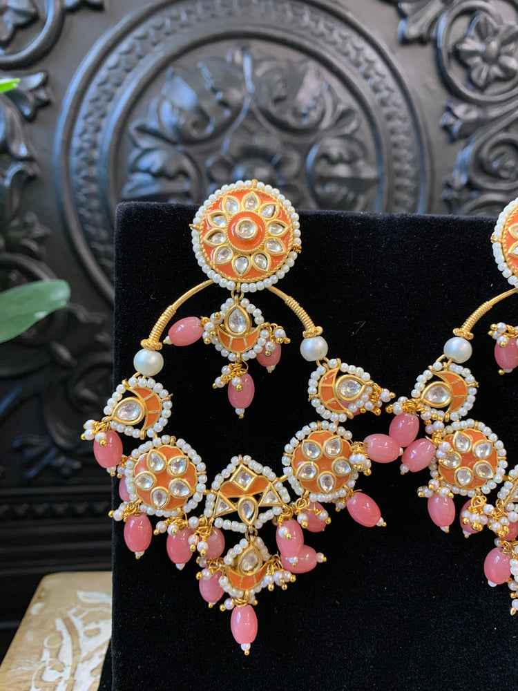 Sharaya Kundan statement earring coral orange