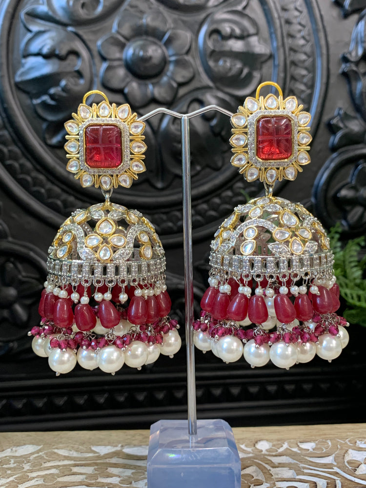 Meena kundan statement jhumka/jhumki earring red maroon burgundy