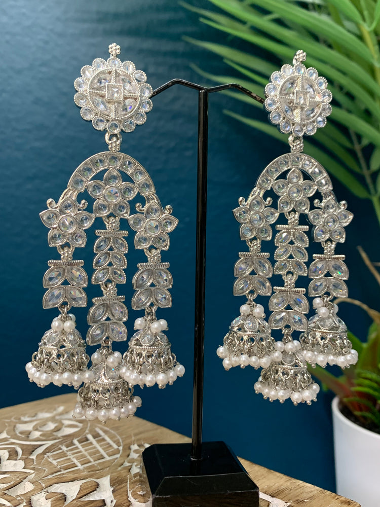 Mansa reverse polki triple Jhumki in silver