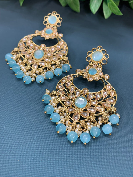 Thea polki chandbali earring antique base antique phirozi blue