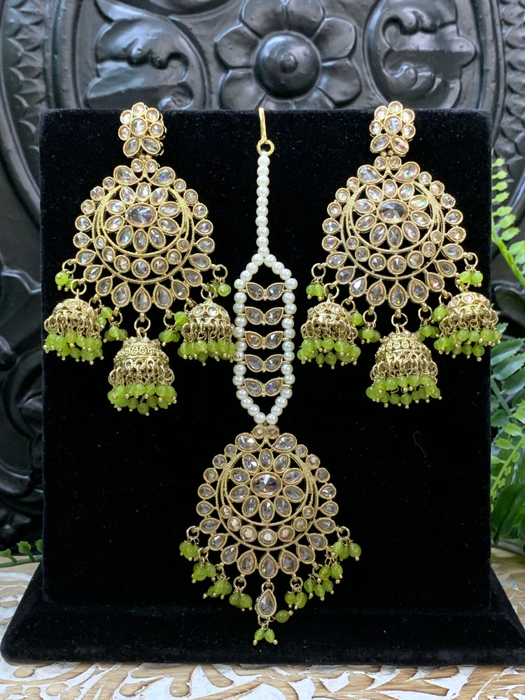 Kiana polki triple jhumki Chandbali style earring with matching tikka parrot green