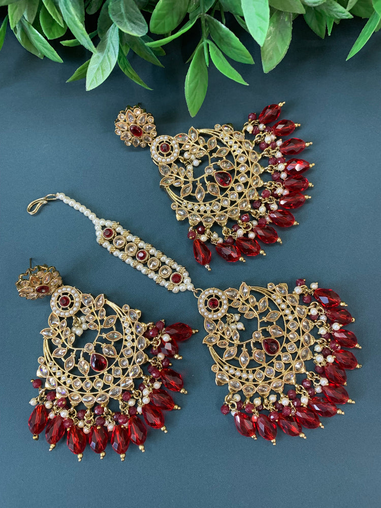 Bulbul polki statement earring tikka set antique gold/ crystal red/ blood red