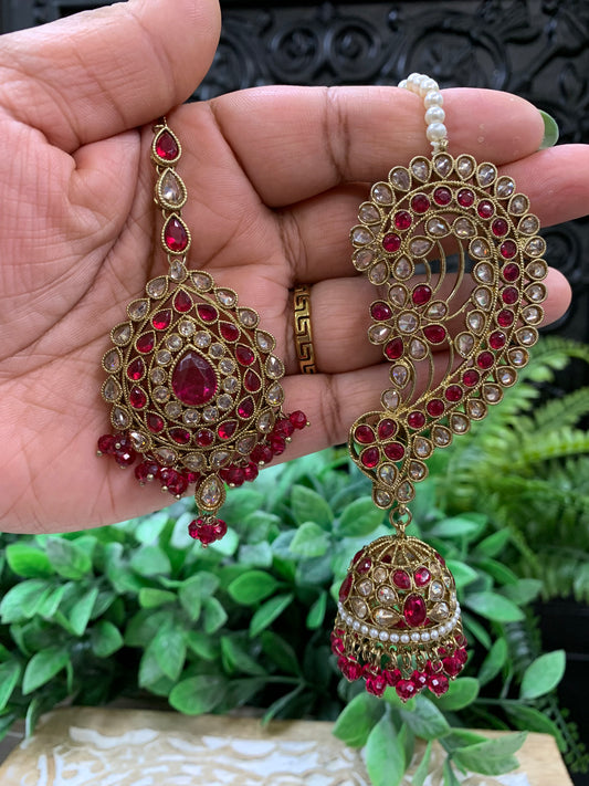 Jacklyn over the ear earring tikka jhumki sahare set cherry red