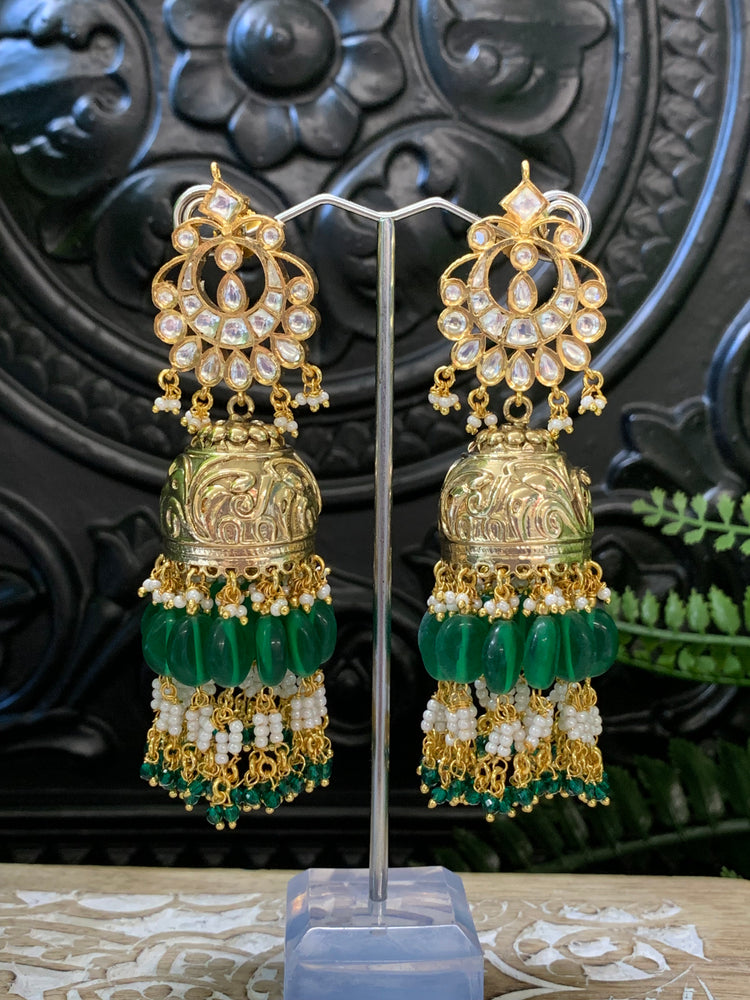 Bella moissanite kundan jhumki earring emerald green