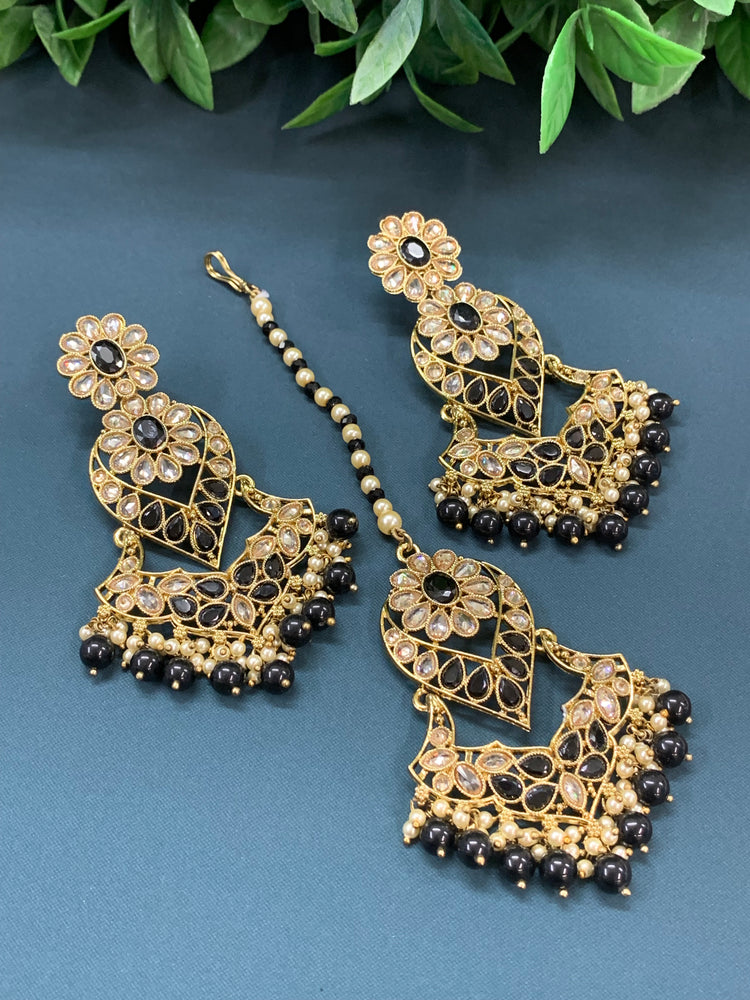 Max tikka set polki earring tikka antique gold / pearl /black