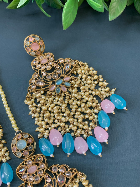 Cara statement polki earring tikka set pearl details and pink blue multi