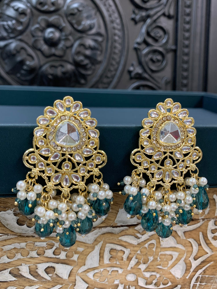 Joel gold kundan stud earring with white pearl and teal green  crystal