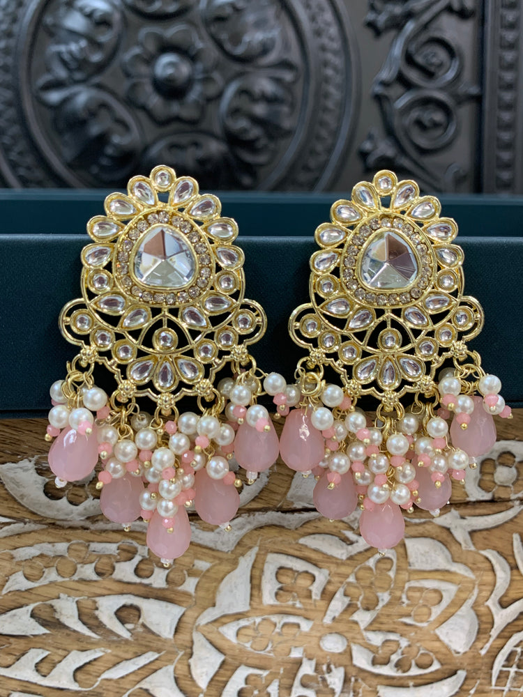 Joel gold kundan stud earring with white pearl and blueh pink crystal