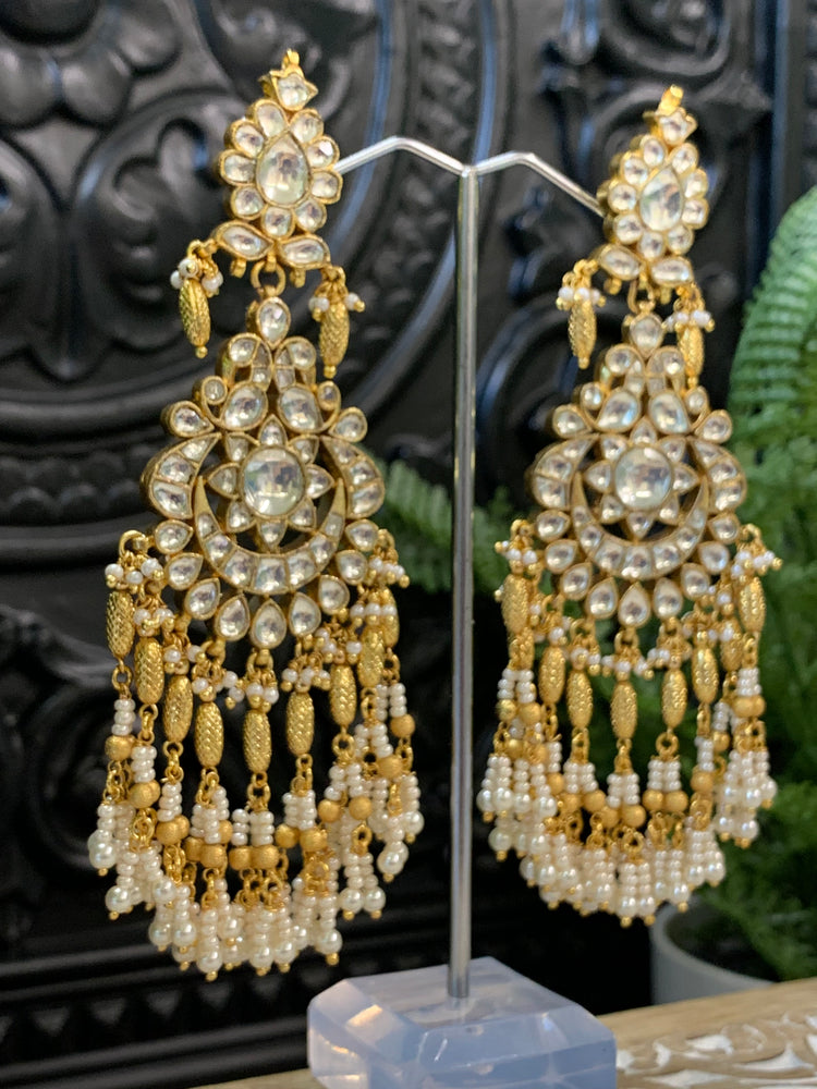 Pachi kundan statement long earring in gold and pearl