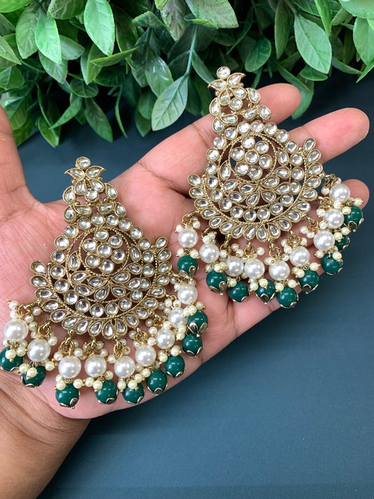 Puspa kundan fashion chandbali style earring set chocolate emerald green