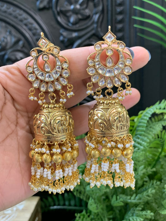 Bella moissanite kundan jhumki earring gold/pearl