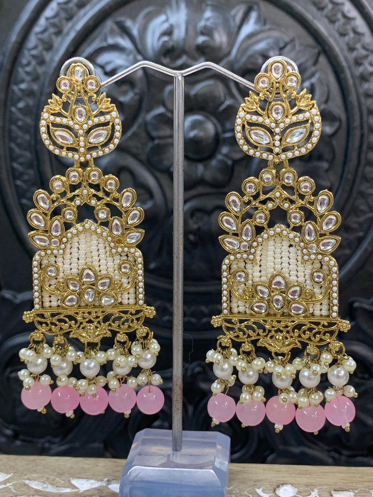 Alexa kundan statement earring white/gold/pearl/pastel pink