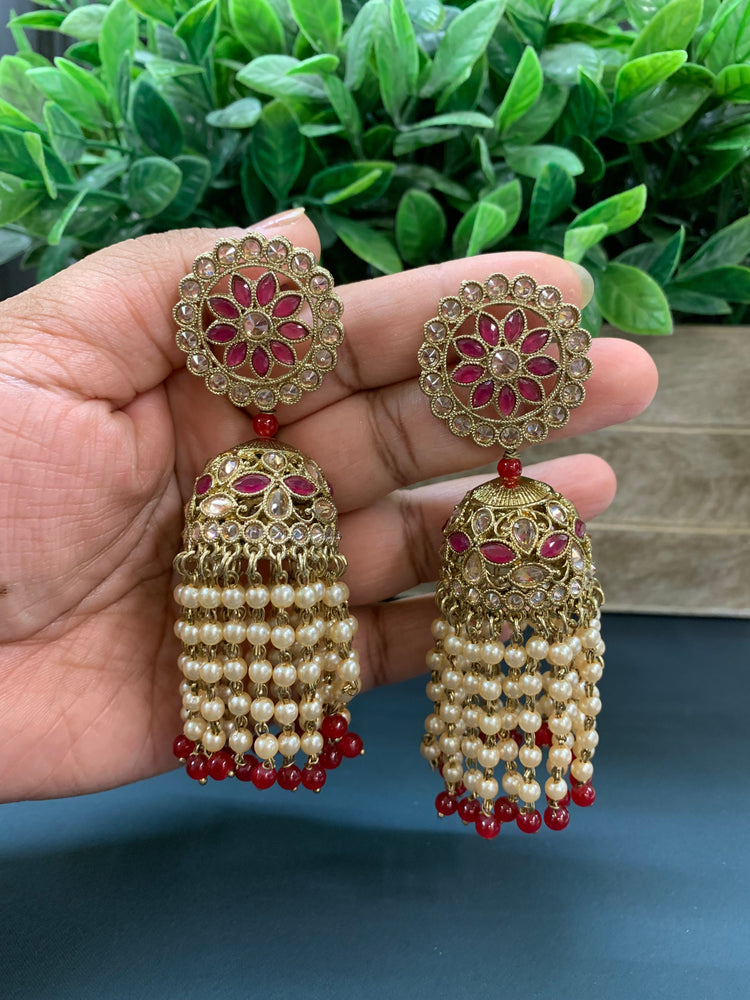 Mohua polki statement jhumki earring antique polki/ Maroon red/ burgundy/pearl