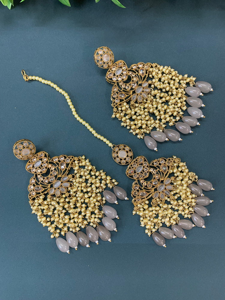 Cara statement polki earring tikka set pearl details and grey