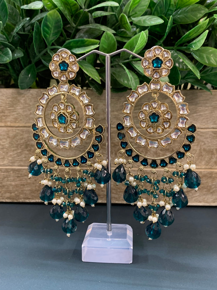 Barnavi Kundan earring peacock teal green crystal drops