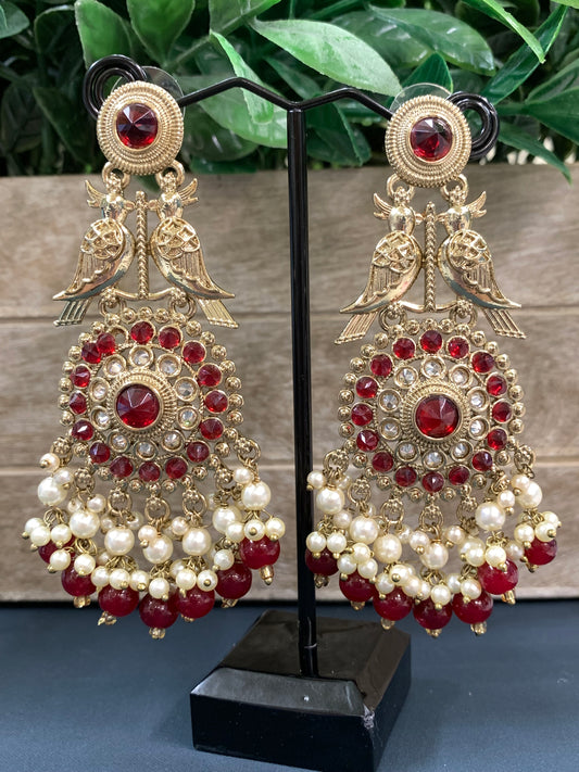 Ady polki fashion earring peacock design maroon