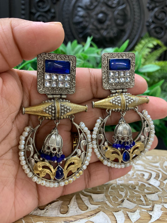 Taha dual tone chandbali style German silver earring blue