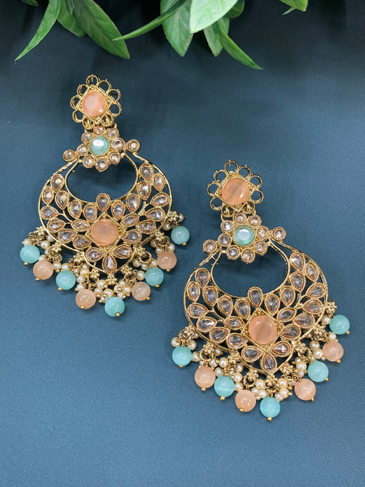 Thea polki chandbali earring antique base blue peach multi