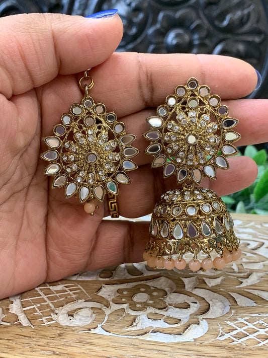 Dana mirror jhumki tikka antique gold and nude peach