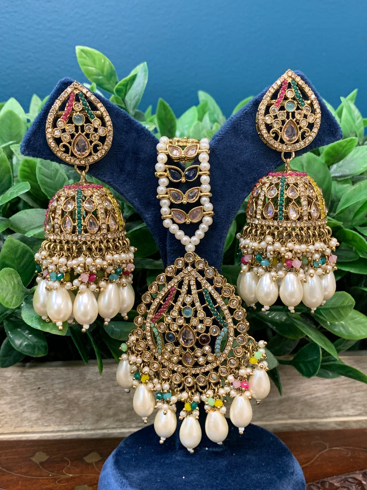 Savana Jhumka/ jhumki tikka set in antique / multi