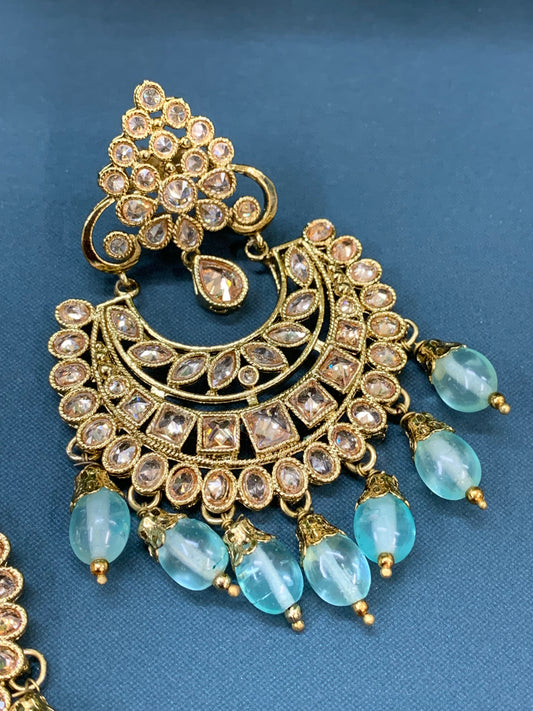 Kavery polki jhumki earring antique polk/ gold /mint green