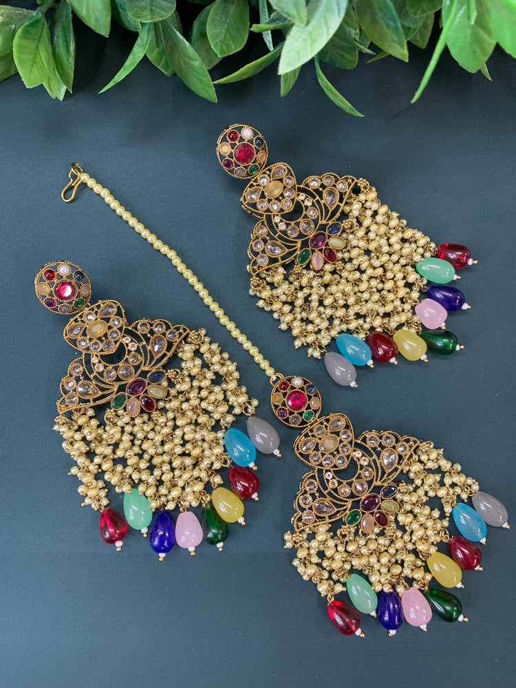 Cara statement polki earring tikka set pearl details and multi