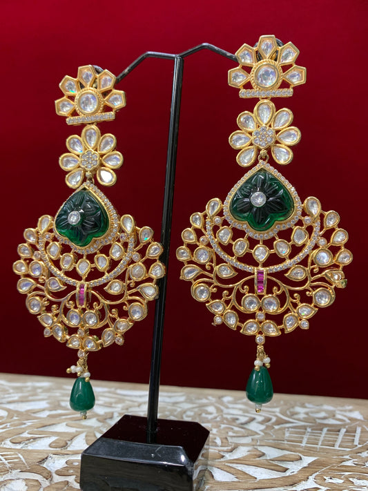 Paris Kundan chandbali earring gold and emerald green