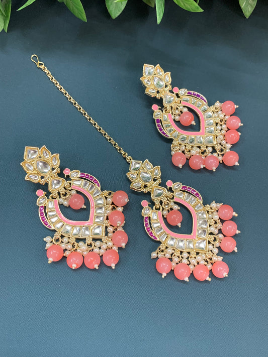 Amber kundan light weight earring tikka set grapefruit pink