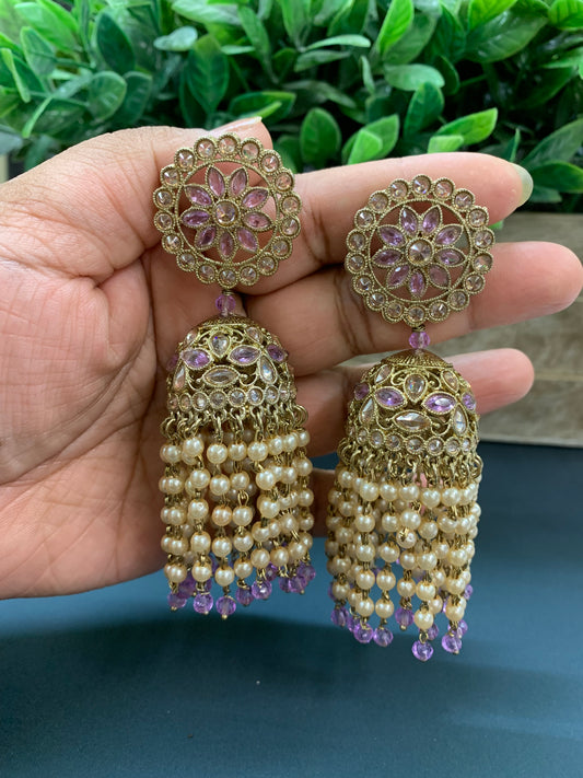 Mohua polki statement jhumki earring antique polki/lavender/ lilac/ pearl