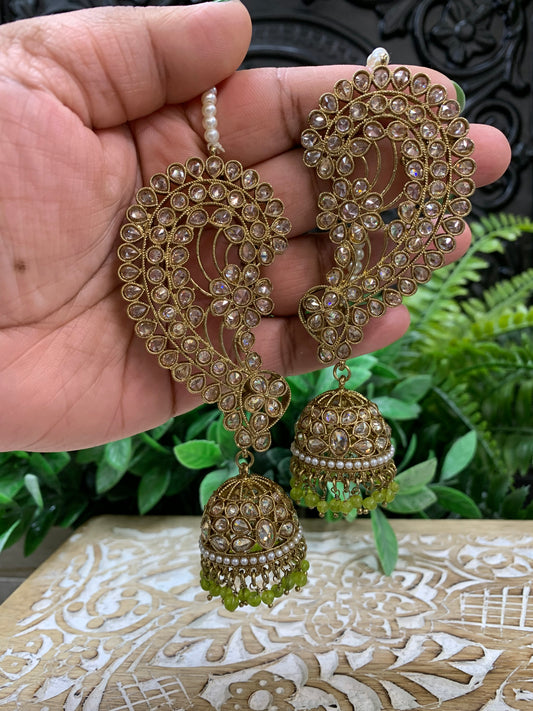 Jacklyn over the ear earring tikka jhumki sahare set Apple green