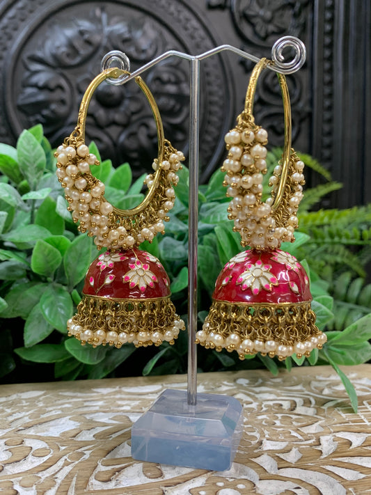 Blossom hoop Bali jhumki with pearl red