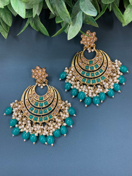 Bloom polki chandbali earring antique/ teal green