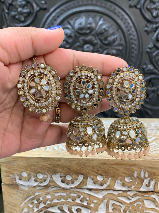 Kate mirror jhumki tikka antique gold and light peach