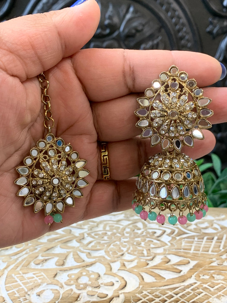 Dana mirror jhumki tikka antique gold and pastel multi