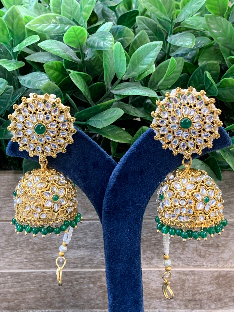 Zia traditional kundan jhumki with sahare and matching oversized tikka gold/emerald green