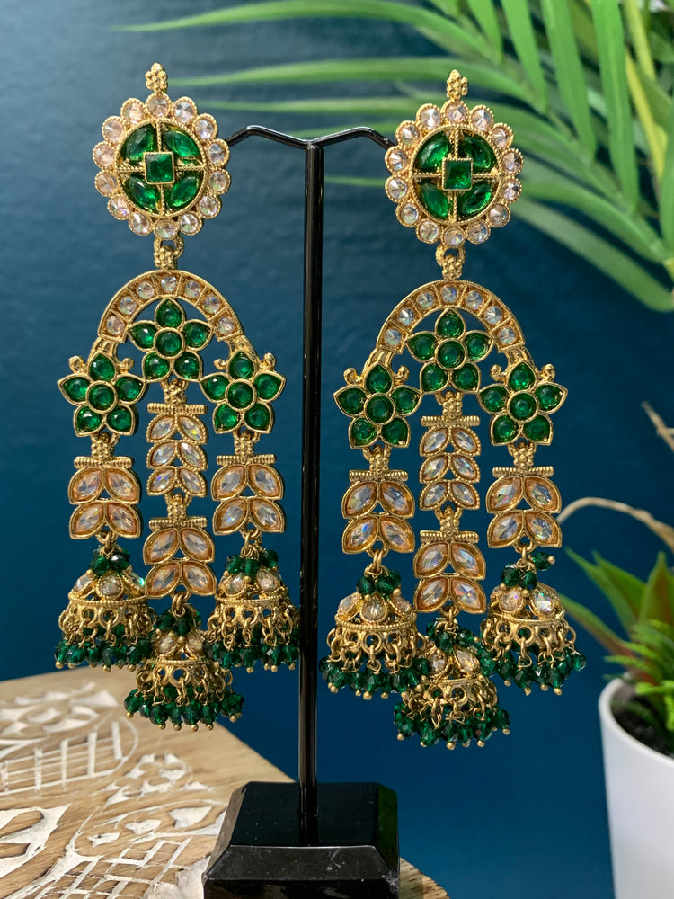 Mansa reverse polki triple Jhumki in emerald green