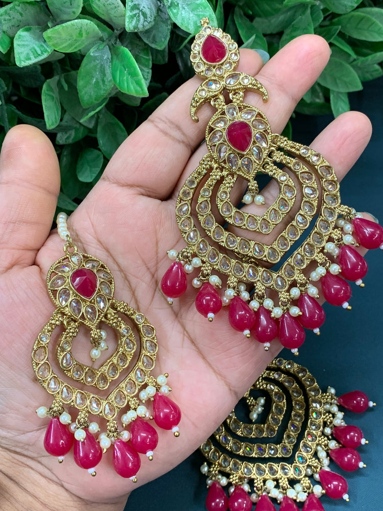 Tara polki Chandbali earring with matching tikka magenta hot pink