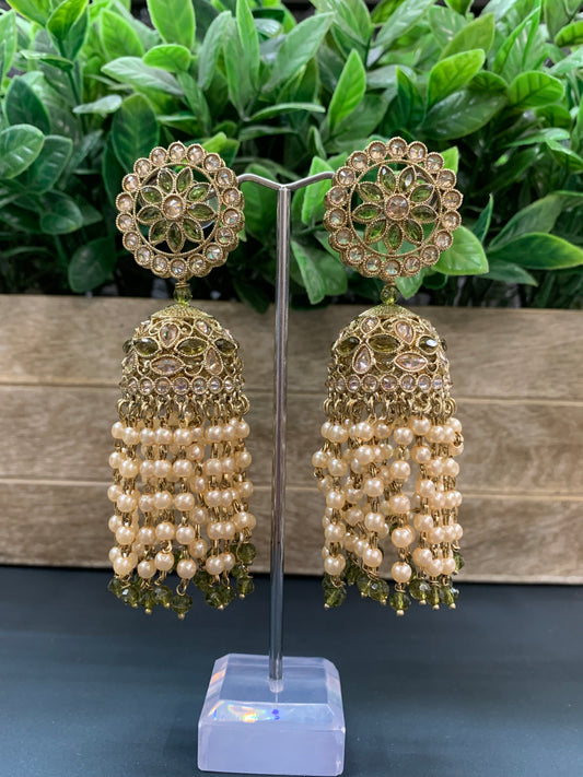 Mohua polki statement jhumki earring antique polki/mahendi/ olive green