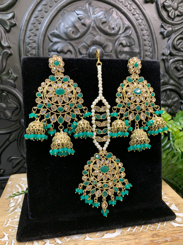 Kiana polki triple jhumki Chandbali style earring with matching tikka emerald green