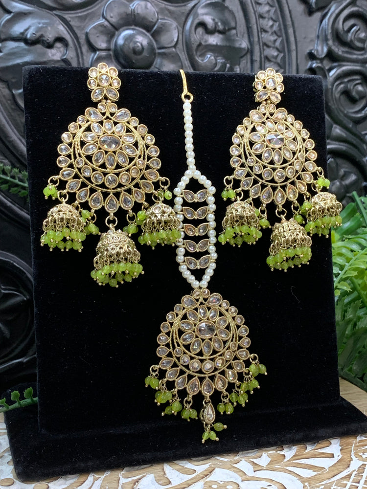 Kiana polki triple jhumki Chandbali style earring with matching tikka parrot green