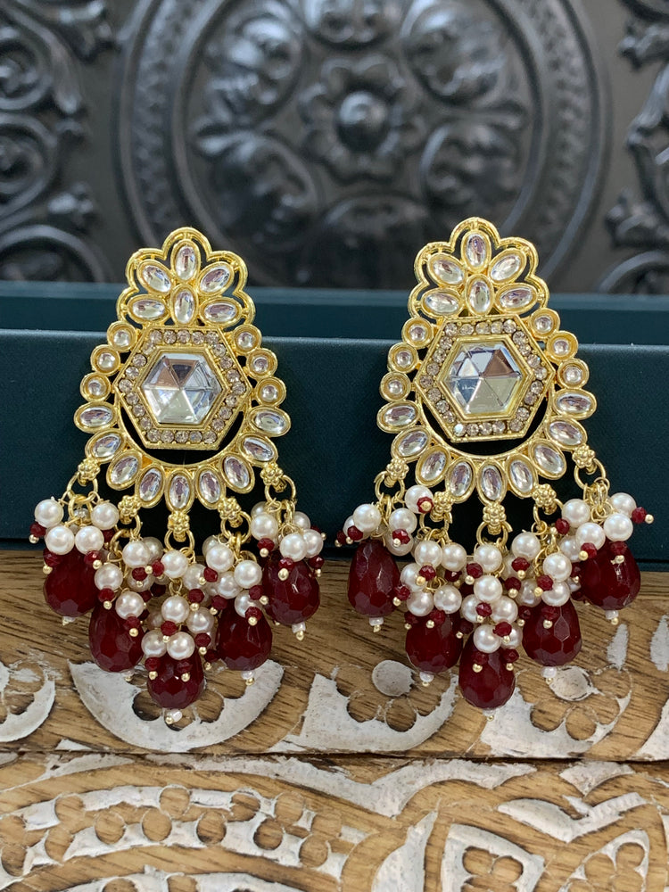 Jill gold kundan stud earring with crystal drops Maroon red burgundy