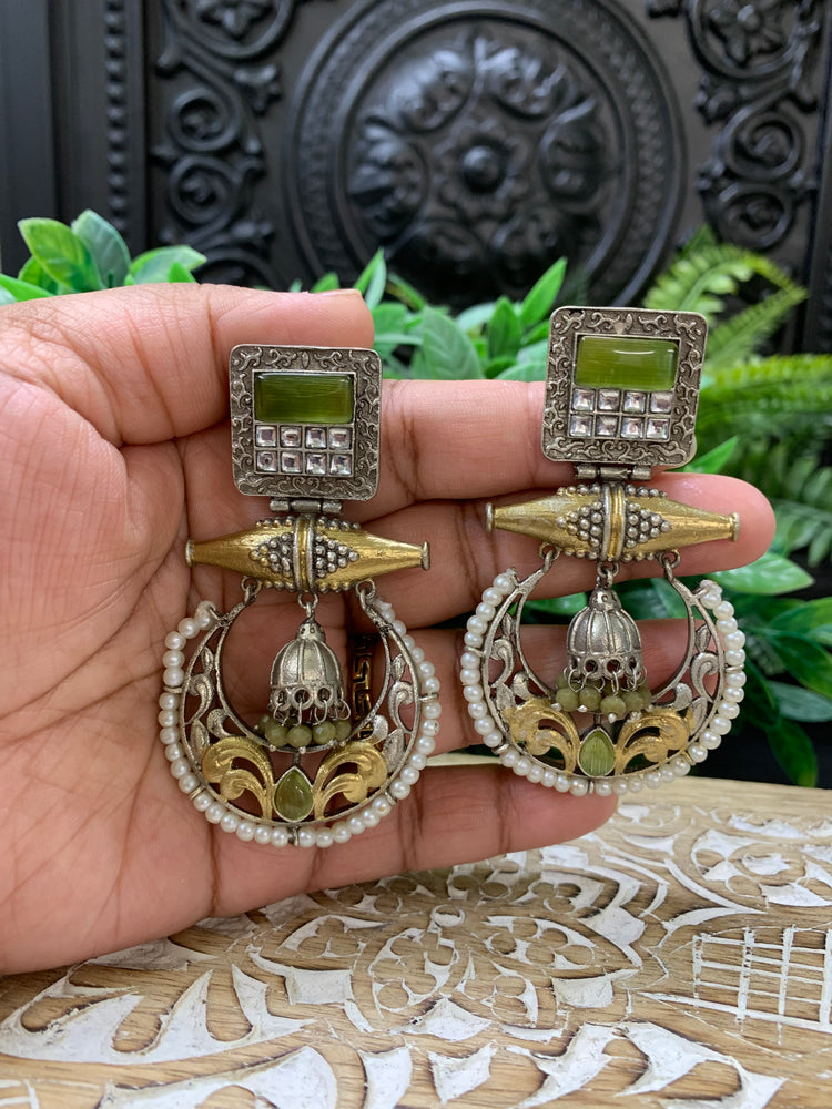 Taha dual tone chandbali style German silver earring olive mahendi