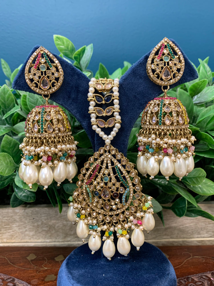 Savana Jhumka/ jhumki tikka set in antique / multi