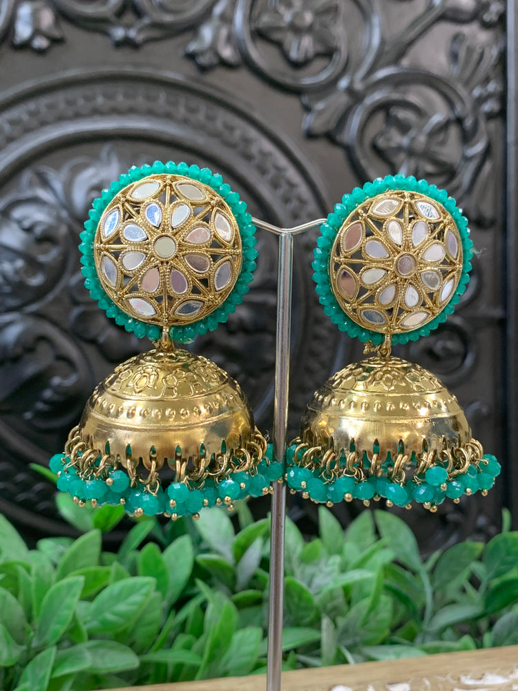 Kerry mirror jhumki tikka antique gold /teal green